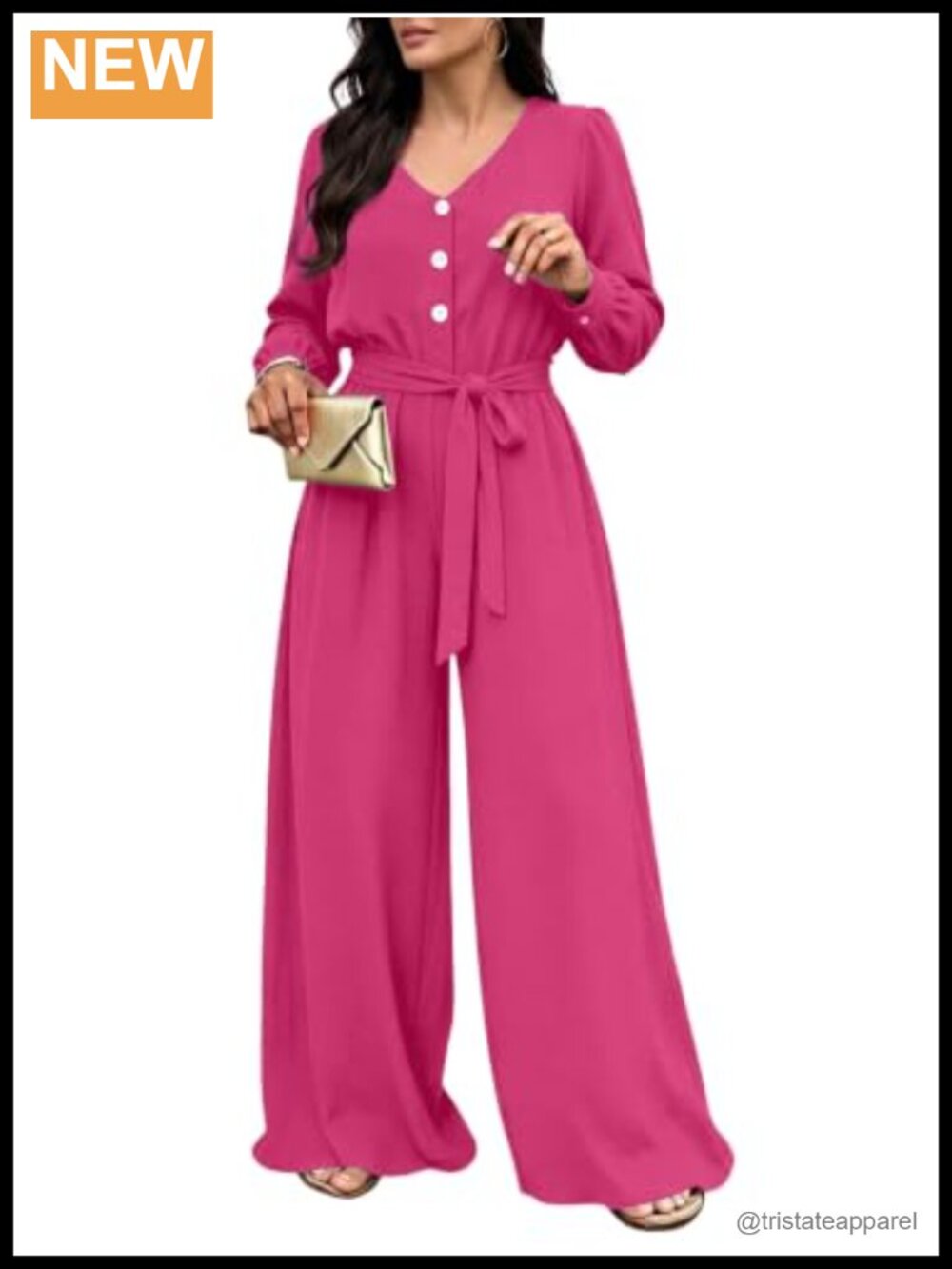 Women Wide Leg Jumpsuit V-Neck Long Sleeve Self-Tie Belt Business Casual